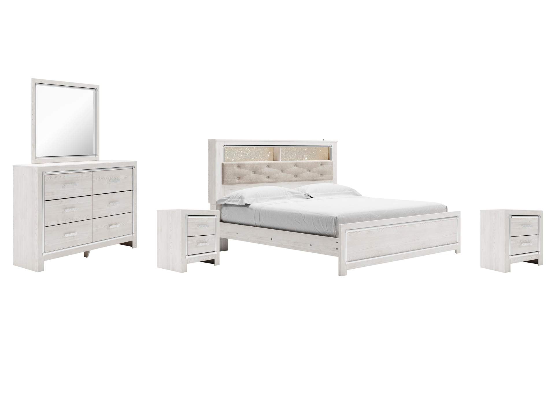 Altyra King Panel Bookcase Bed with Mirrored Dresser and 2 Nightstands