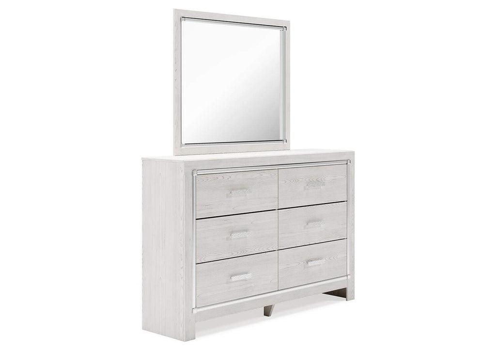 Altyra Queen Upholstered Storage Bed with Mirrored Dresser and Nightstand angled view