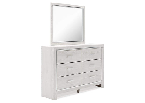 Altyra Queen Upholstered Storage Bed with Mirrored Dresser and Nightstand angled view