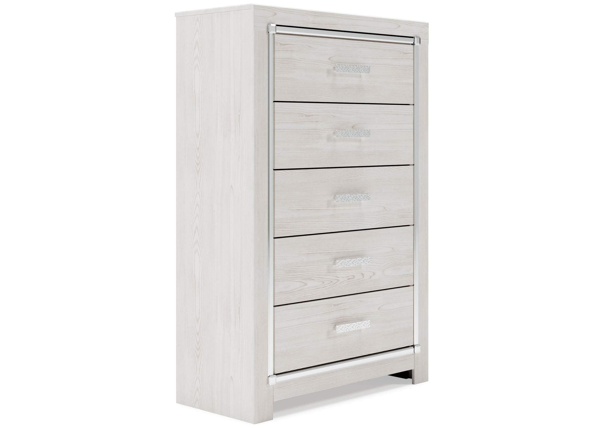Altyra Queen Bookcase Headboard Bed with Mirrored Dresser, Chest and Nightstand angled view