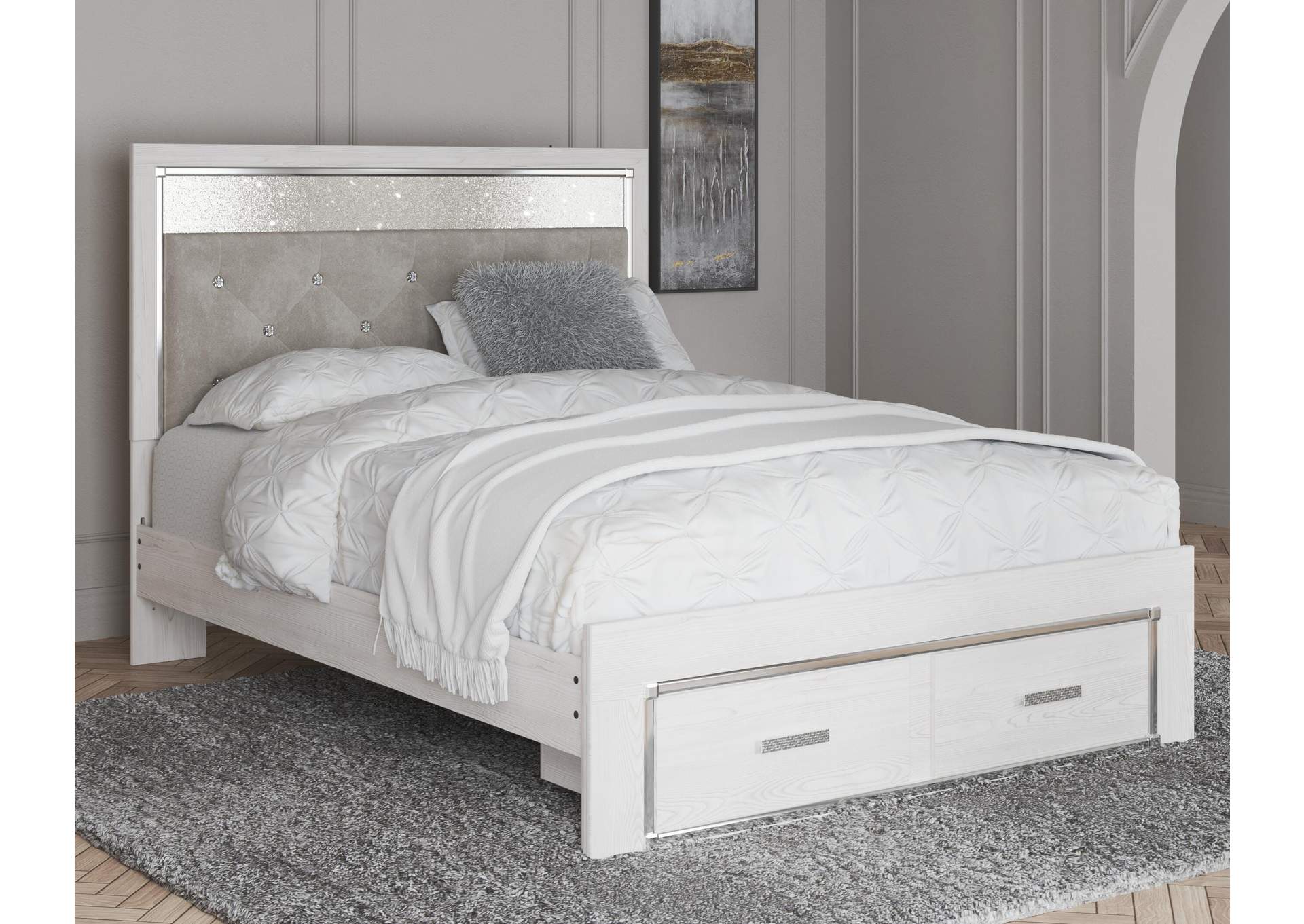 Altyra Queen Upholstered Storage Bed with Mirrored Dresser and Nightstand room view