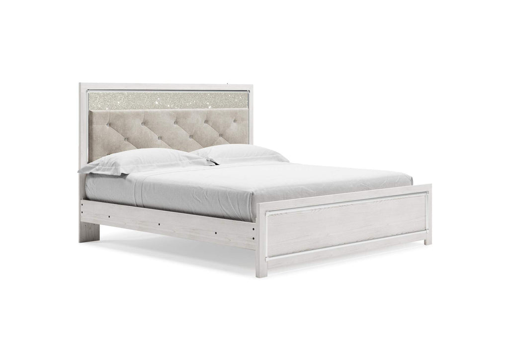 Altyra King Panel Bed with Mirrored Dresser and 2 Nightstands angled view