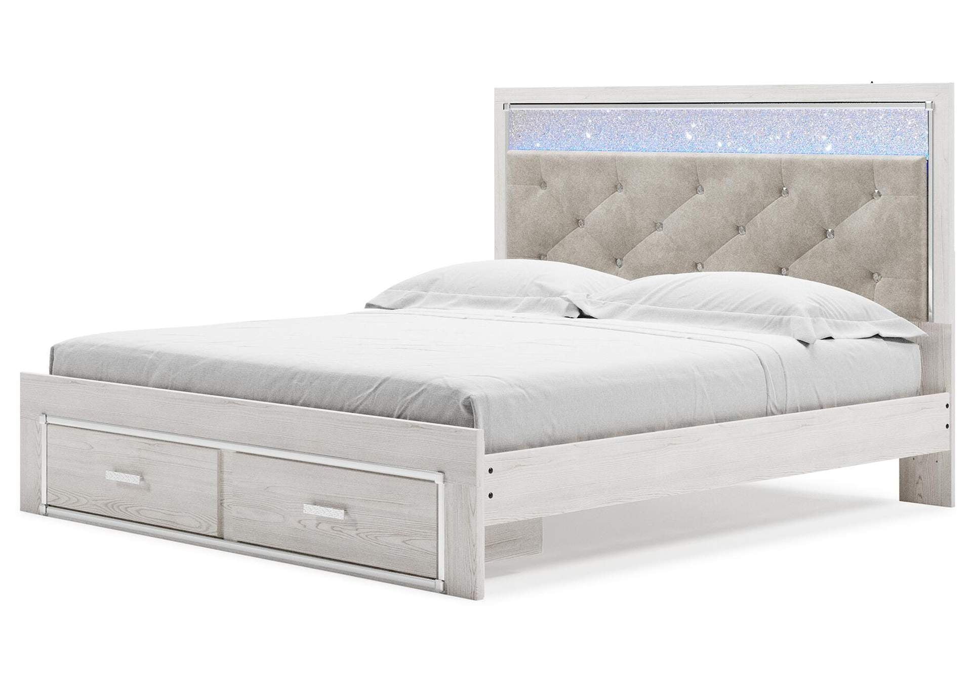 Altyra King Upholstered Storage Bed with Mirrored Dresser and Nightstand angled view