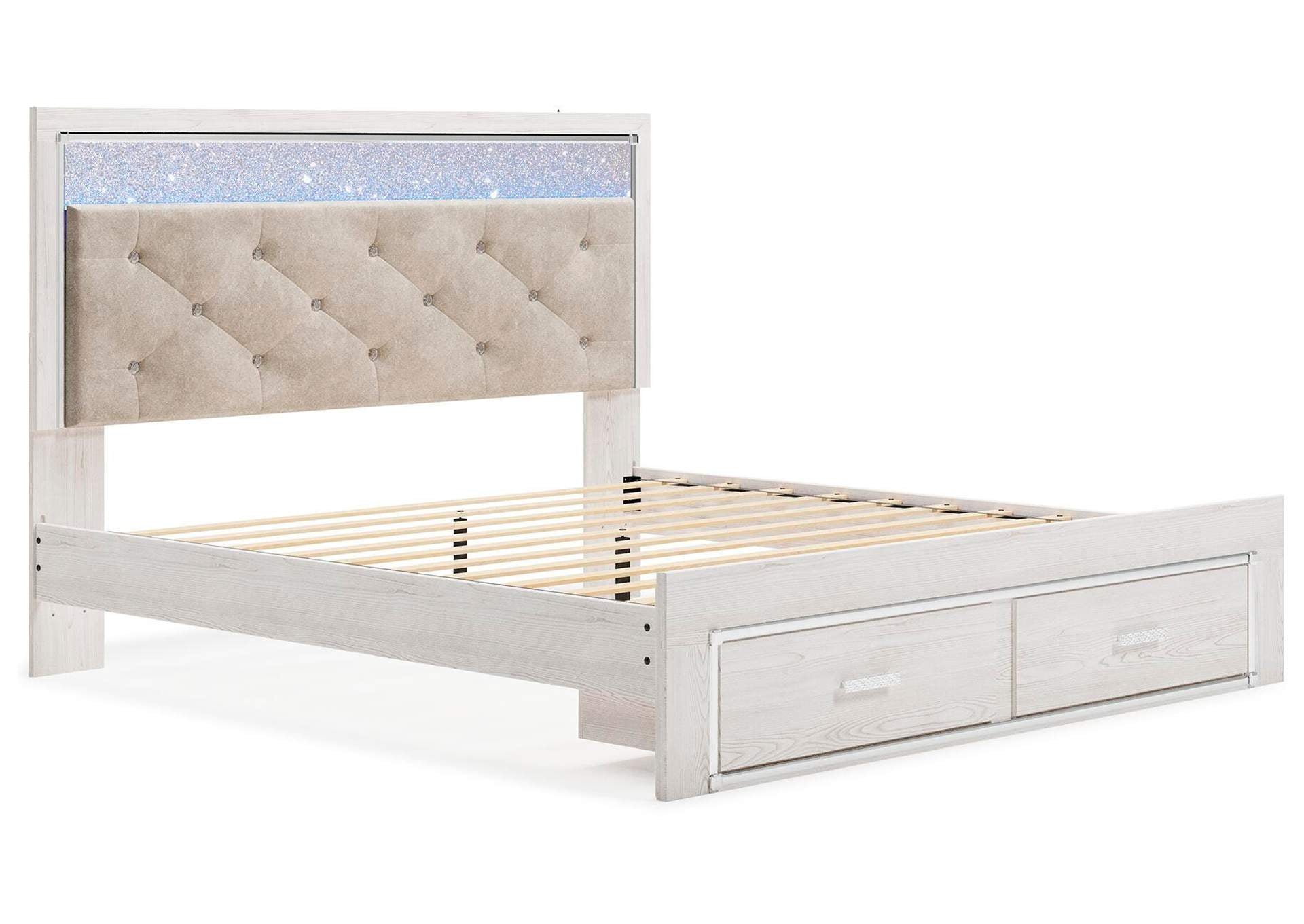 Altyra King Upholstered Storage Bed with Mirrored Dresser and Nightstand angled view