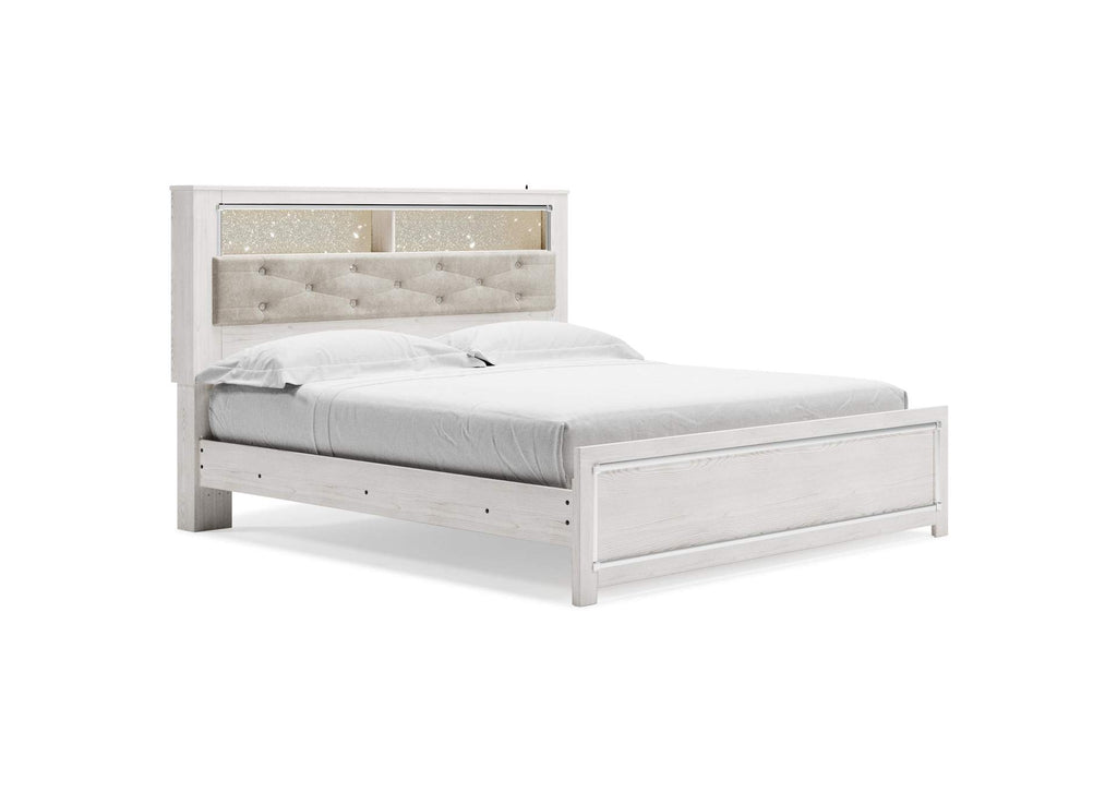 Altyra King Panel Bookcase Bed with Mirrored Dresser and Chest angled view
