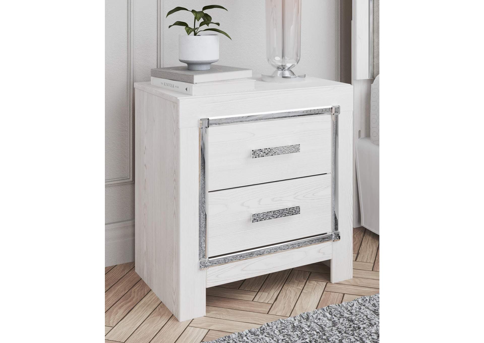 Altyra Queen Upholstered Storage Bed with Mirrored Dresser and Nightstand room view
