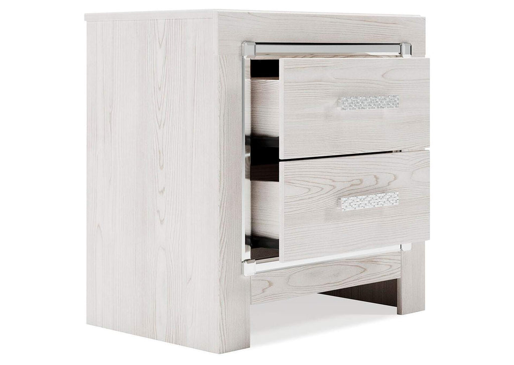 Altyra King Upholstered Storage Bed with Mirrored Dresser and Nightstand angled view