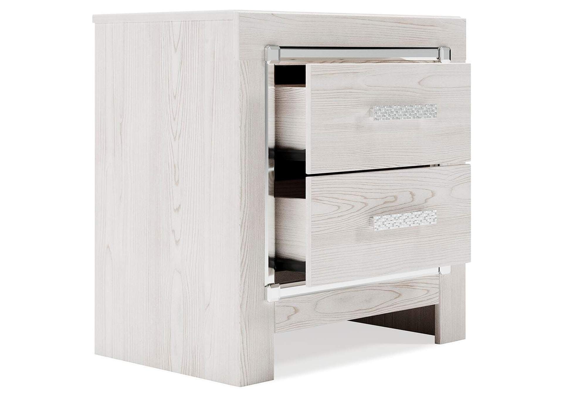 Altyra King Upholstered Storage Bed with Mirrored Dresser and Nightstand angled view