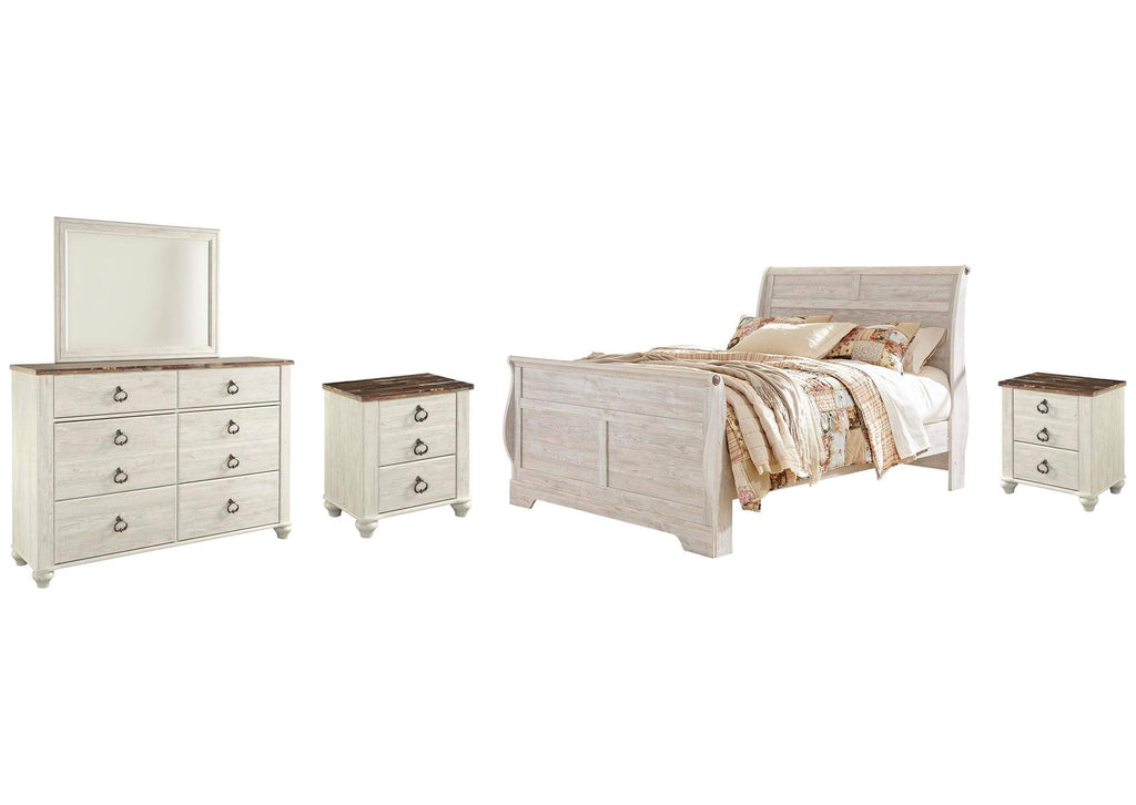 Willowton Queen Sleigh Bed with Mirrored Dresser and 2 Nightstands