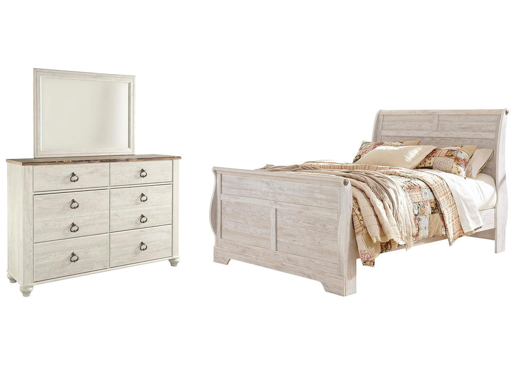 Willowton Queen Sleigh Bed with Mirrored Dresser
