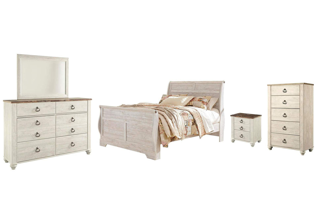 Willowton Queen Sleigh Bed with Mirrored Dresser, Chest and Nightstand