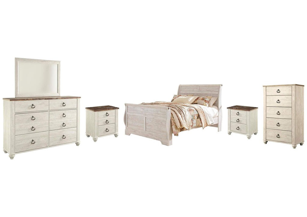 Willowton Queen Sleigh Bed with Mirrored Dresser, Chest and 2 Nightstands