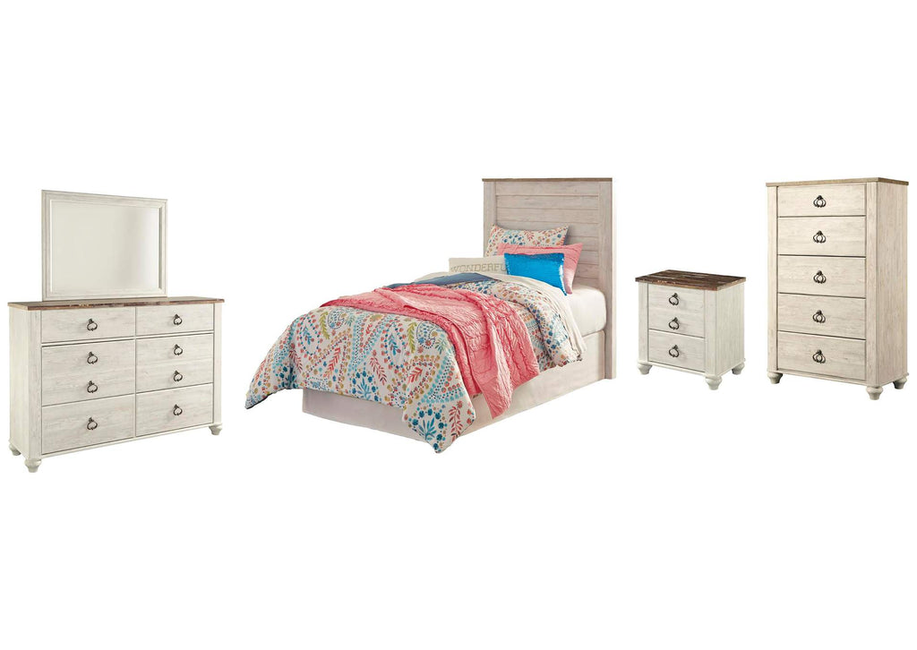 Willowton Twin Panel Headboard Bed with Mirrored Dresser, Chest and Nightstand