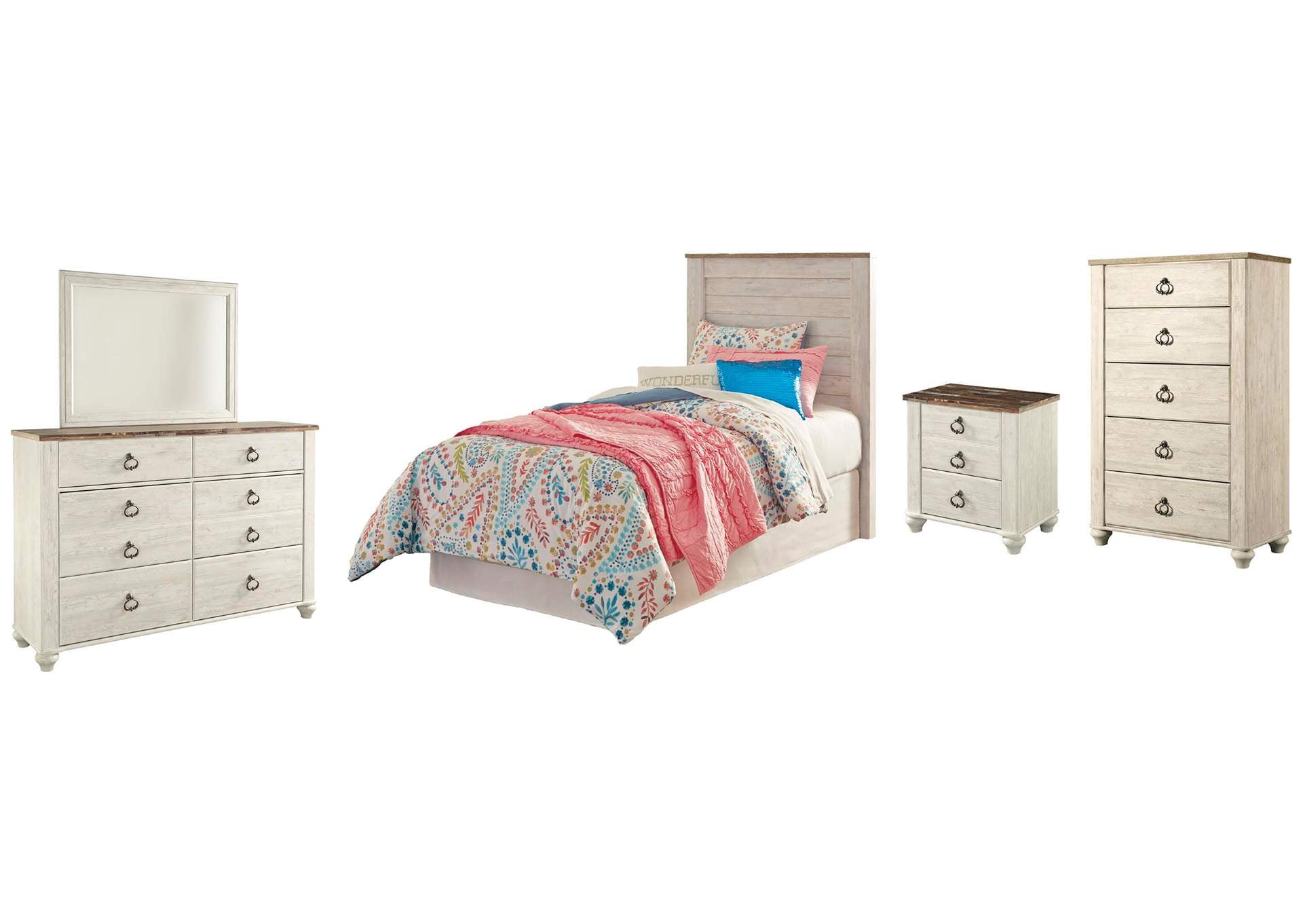 Willowton Twin Panel Headboard Bed with Mirrored Dresser, Chest and Nightstand
