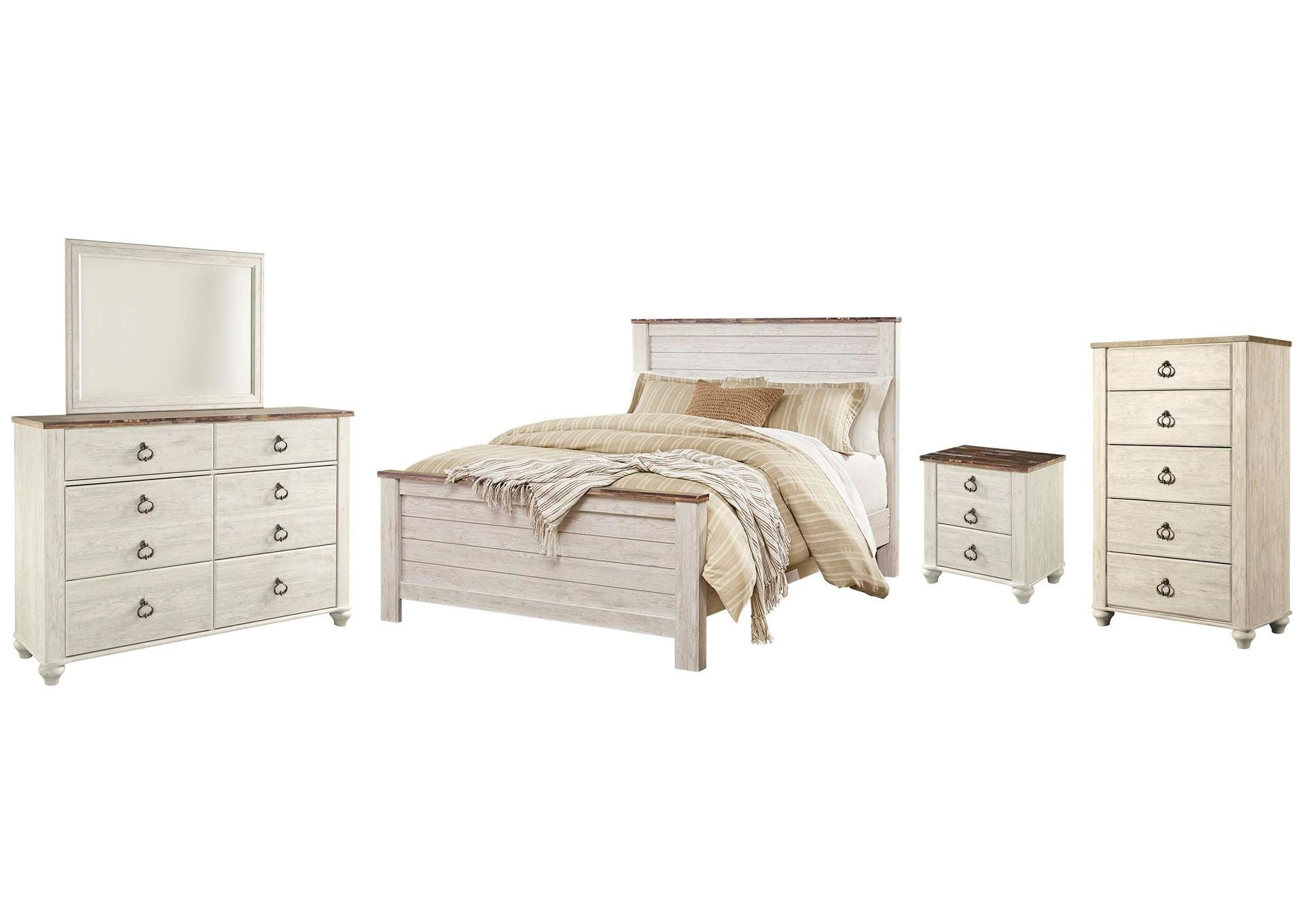 Willowton Queen Panel Bed with Mirrored Dresser, Chest and Nightstand