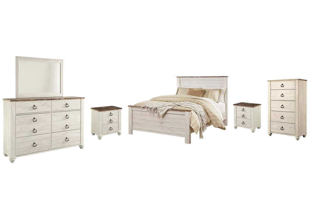 Willowton Queen Panel Bed with Mirrored Dresser, Chest and 2 Nightstands