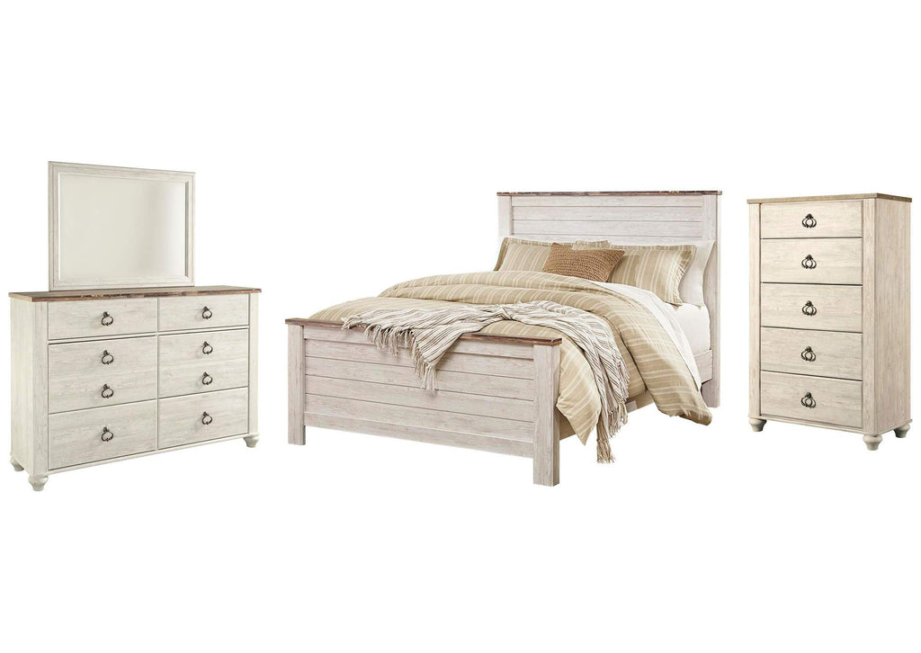 Willowton Queen Panel Bed with Mirrored Dresser and Chest