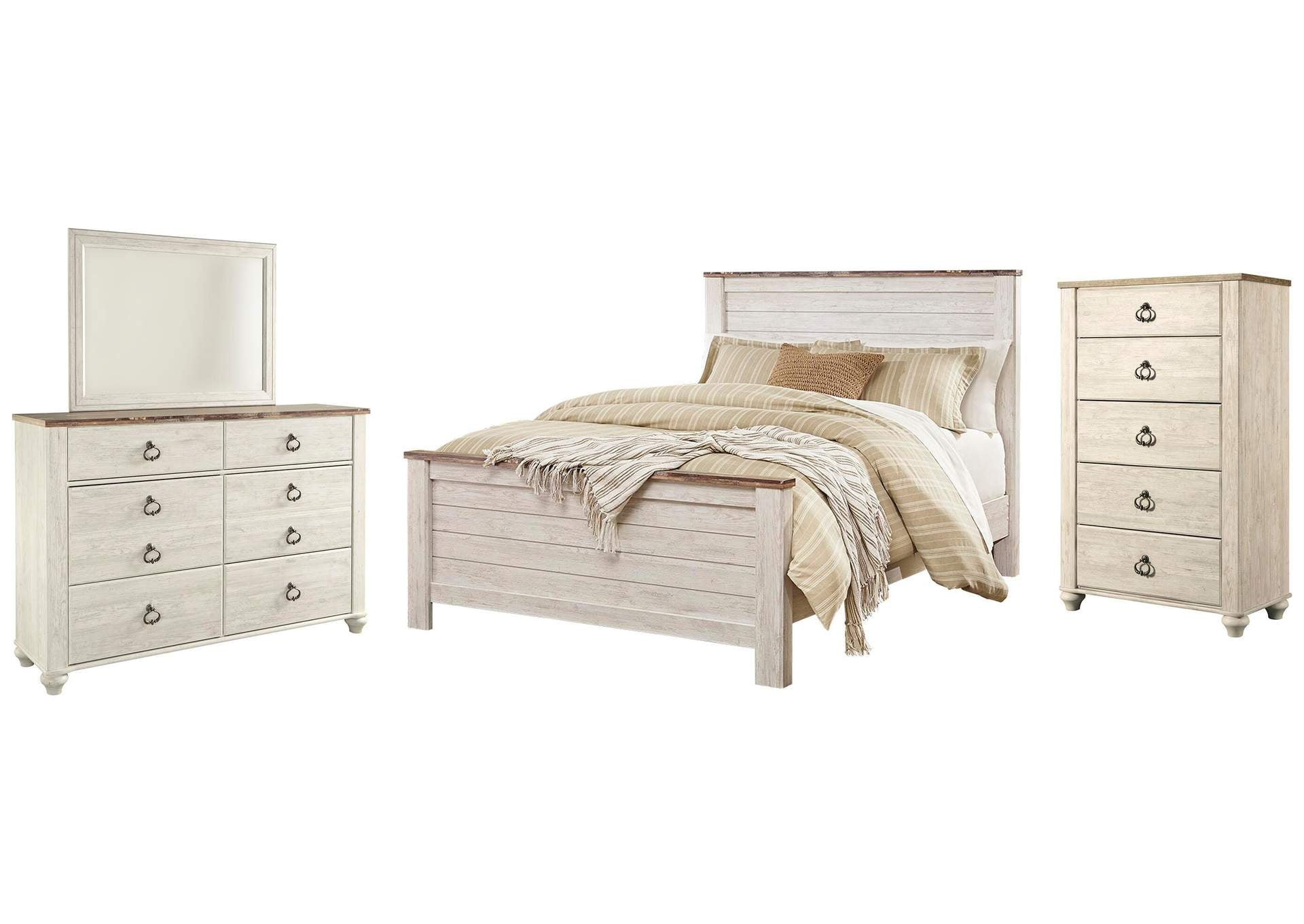 Willowton Queen Panel Bed with Mirrored Dresser and Chest