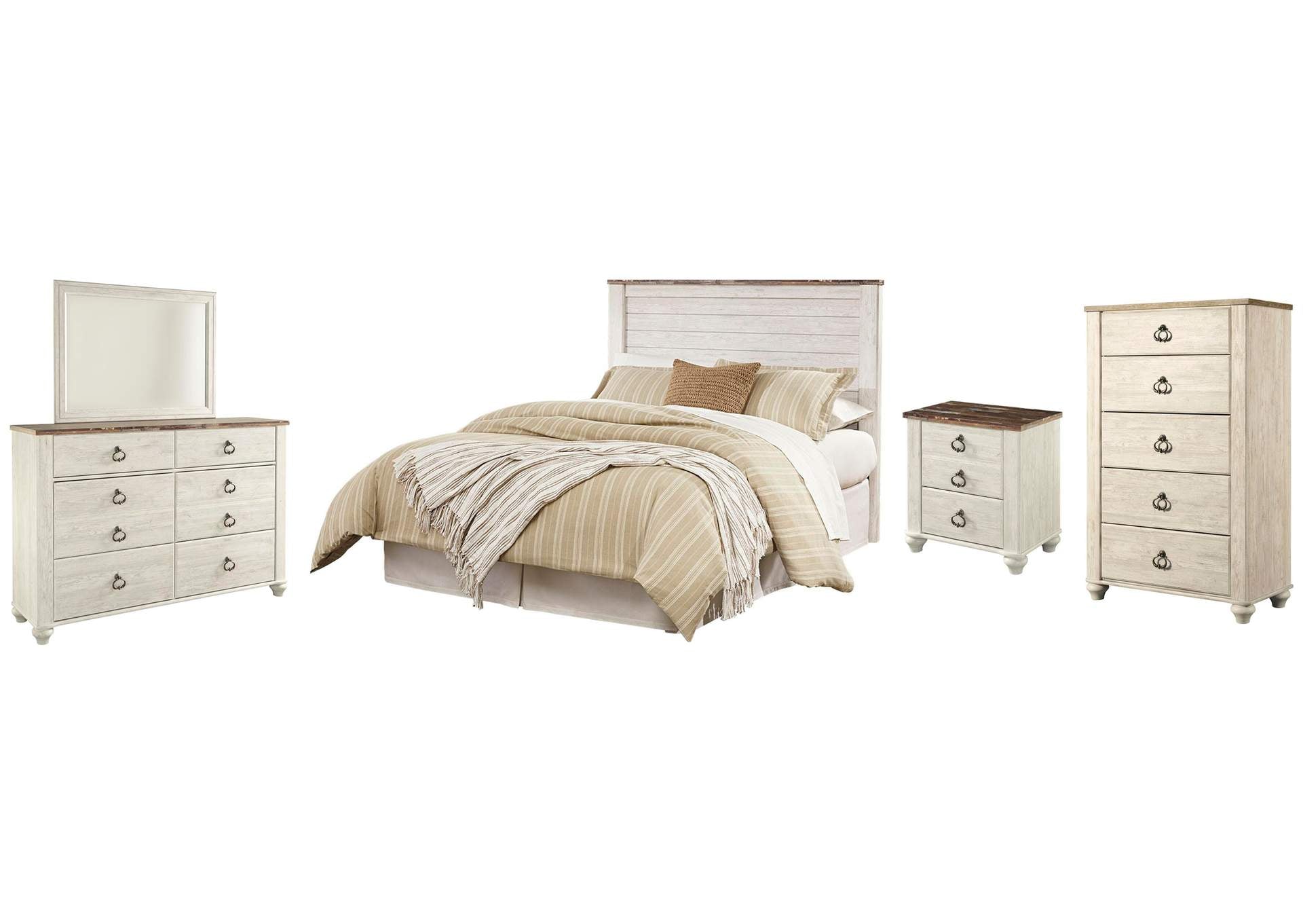 Willowton Queen/Full Panel Headboard Bed with Mirrored Dresser, Chest and Nightstand