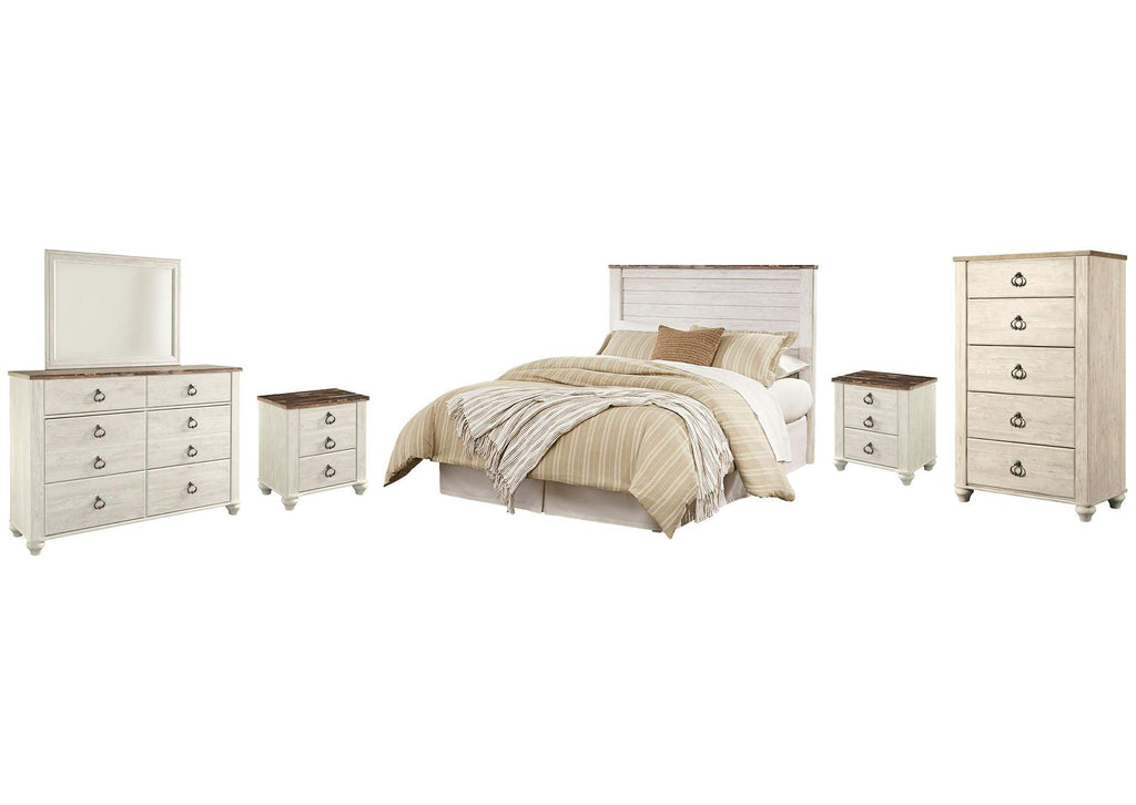 Willowton Queen/Full Panel Headboard Bed with Mirrored Dresser, Chest and 2 Nightstands