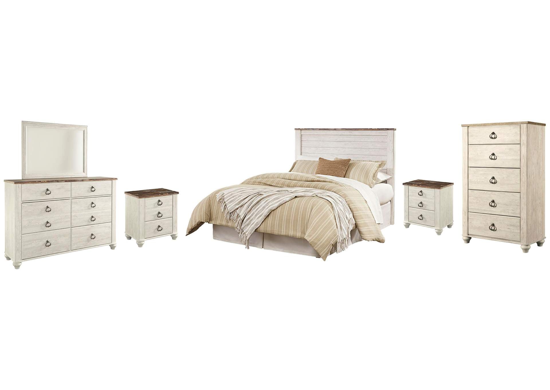 Willowton Queen/Full Panel Headboard Bed with Mirrored Dresser, Chest and 2 Nightstands