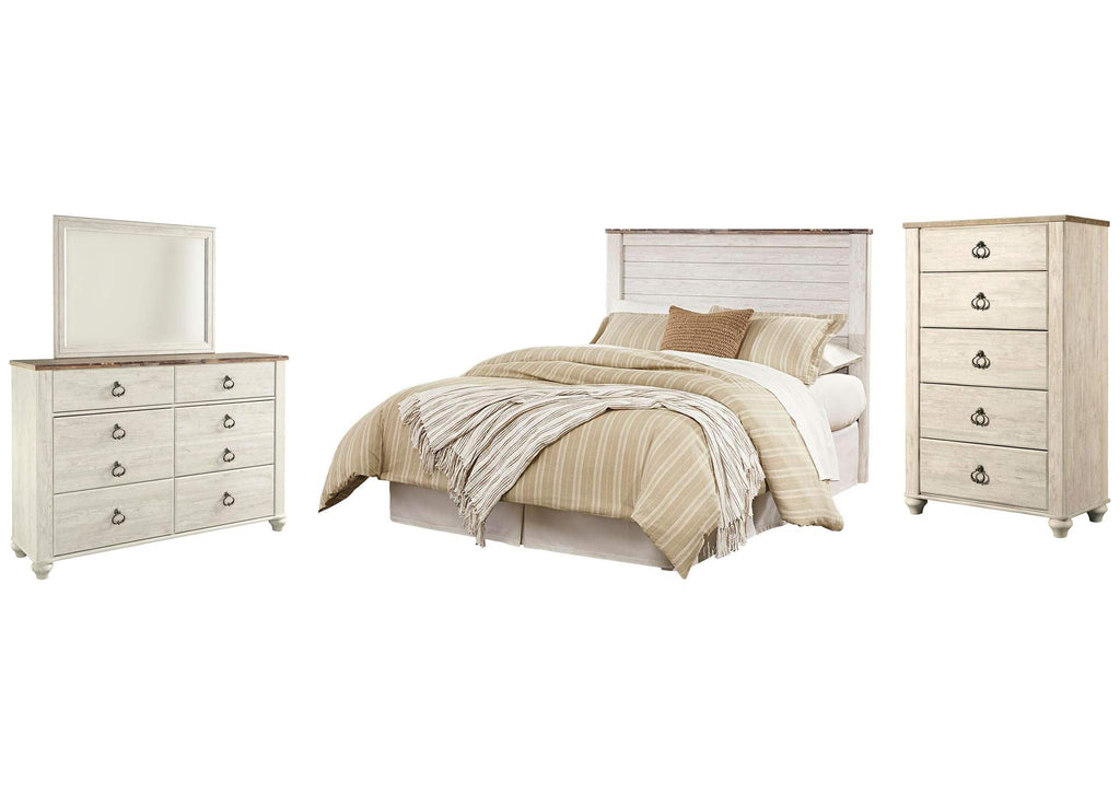 Willowton Queen/Full Panel Headboard Bed with Mirrored Dresser and Chest