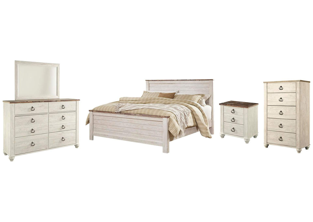 Willowton California King Panel Bed with Mirrored Dresser, Chest and Nightstand