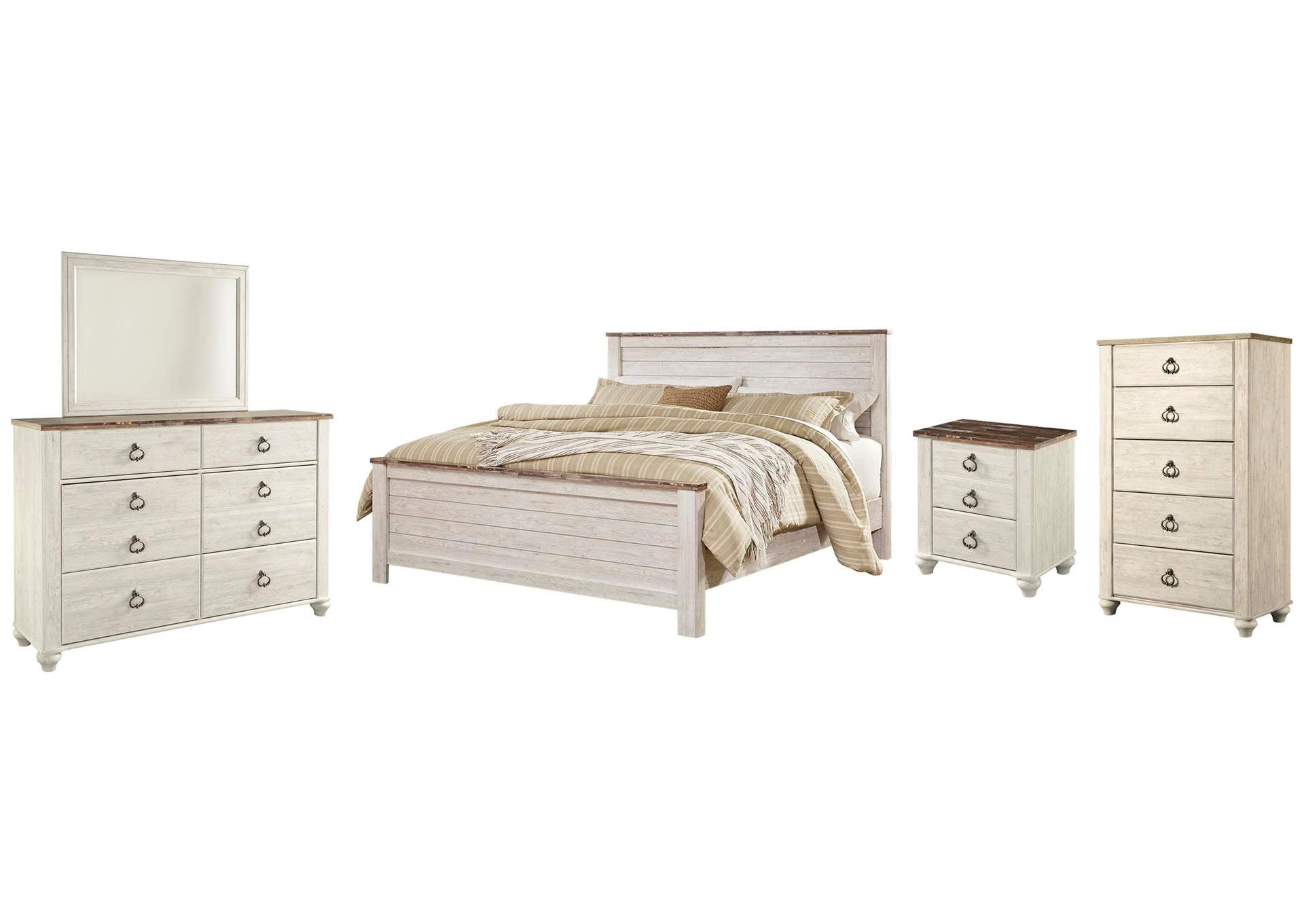 Willowton California King Panel Bed with Mirrored Dresser, Chest and Nightstand