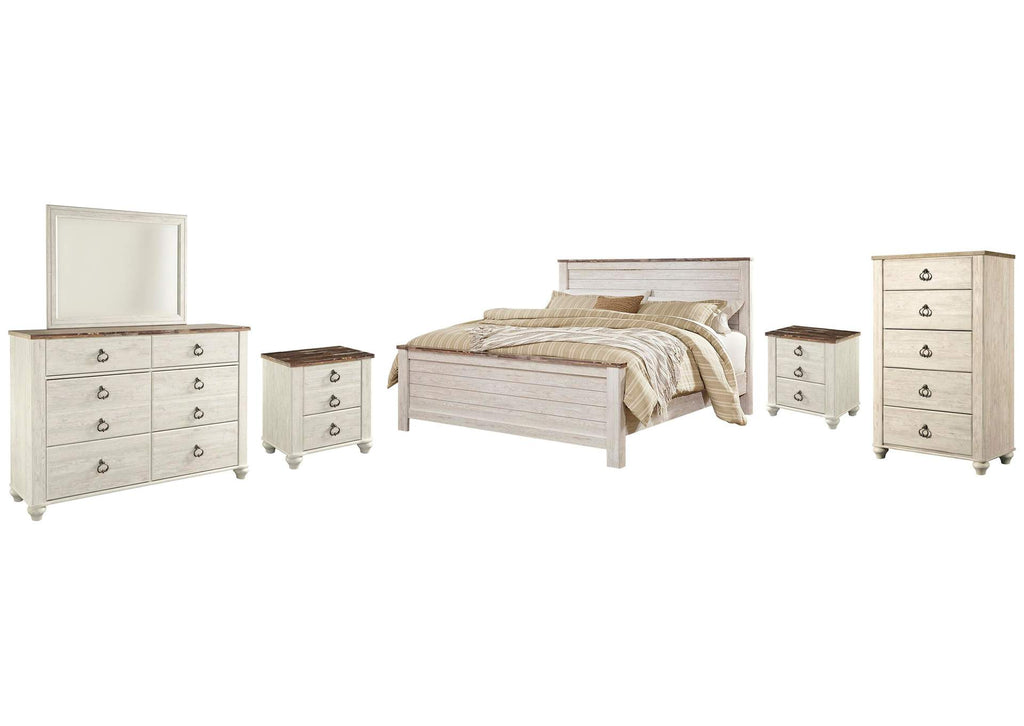 Willowton California King Panel Bed with Mirrored Dresser, Chest and 2 Nightstands