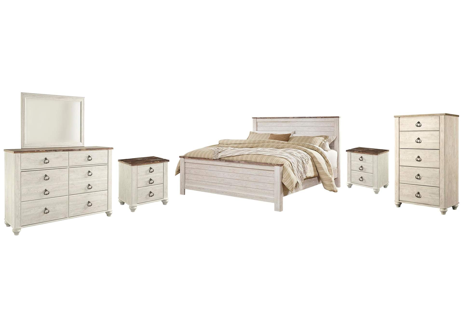 Willowton California King Panel Bed with Mirrored Dresser, Chest and 2 Nightstands