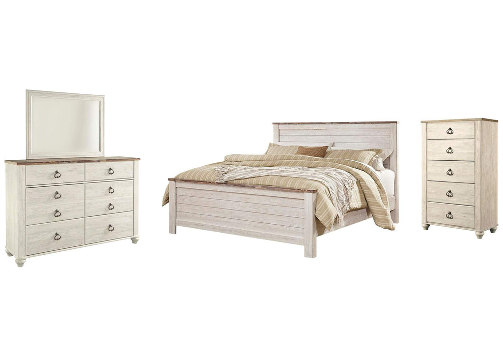 Willowton California King Panel Bed with Mirrored Dresser and Chest