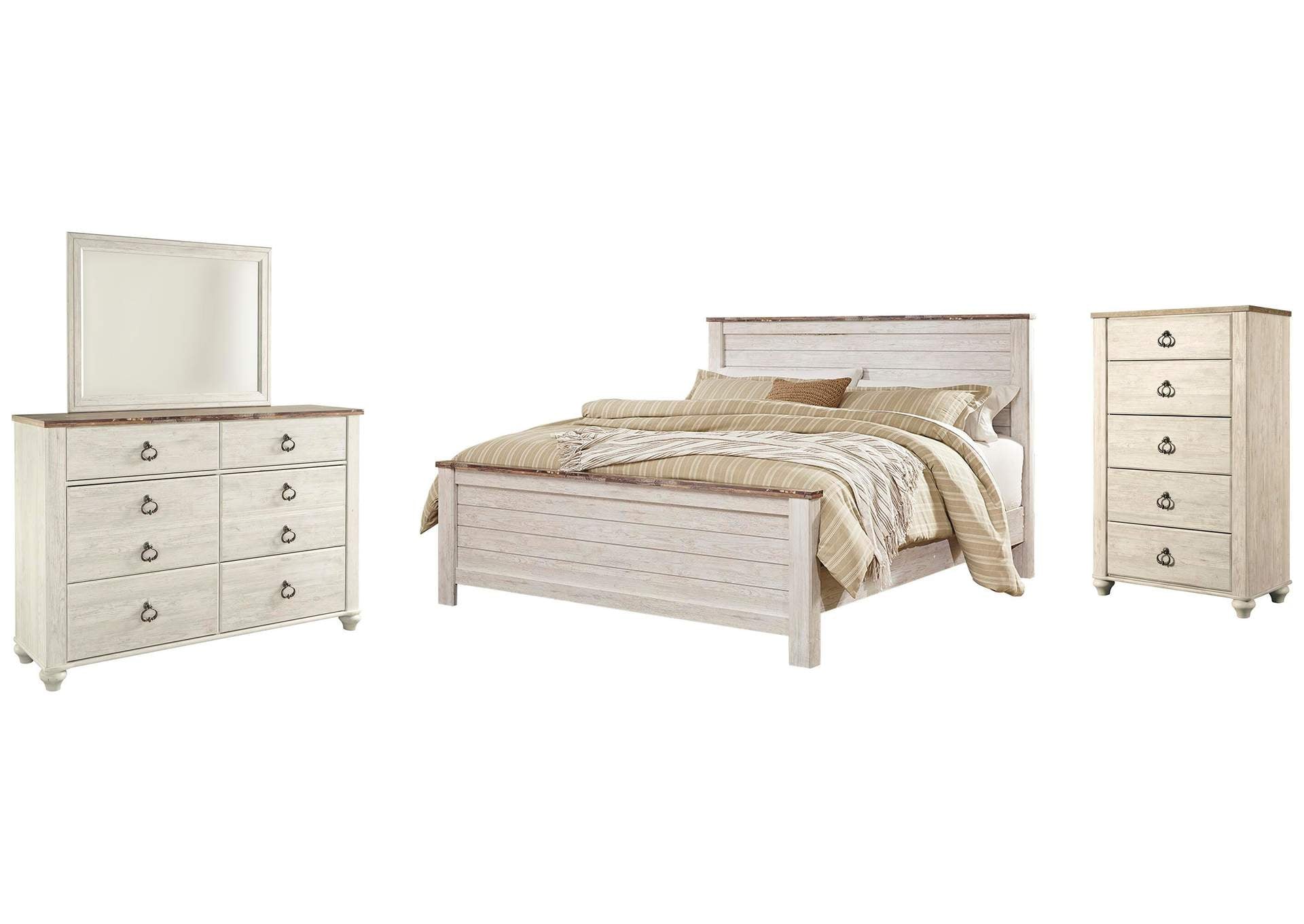 Willowton California King Panel Bed with Mirrored Dresser and Chest
