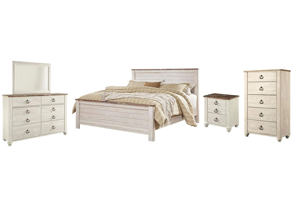 Willowton King Panel Bed with Mirrored Dresser, Chest and Nightstand