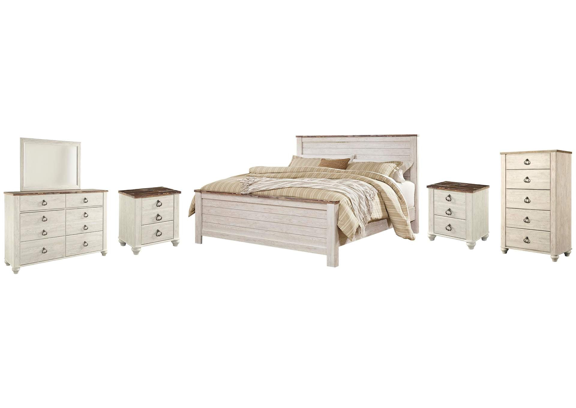 Willowton King Panel Bed with Mirrored Dresser, Chest and 2 Nightstands