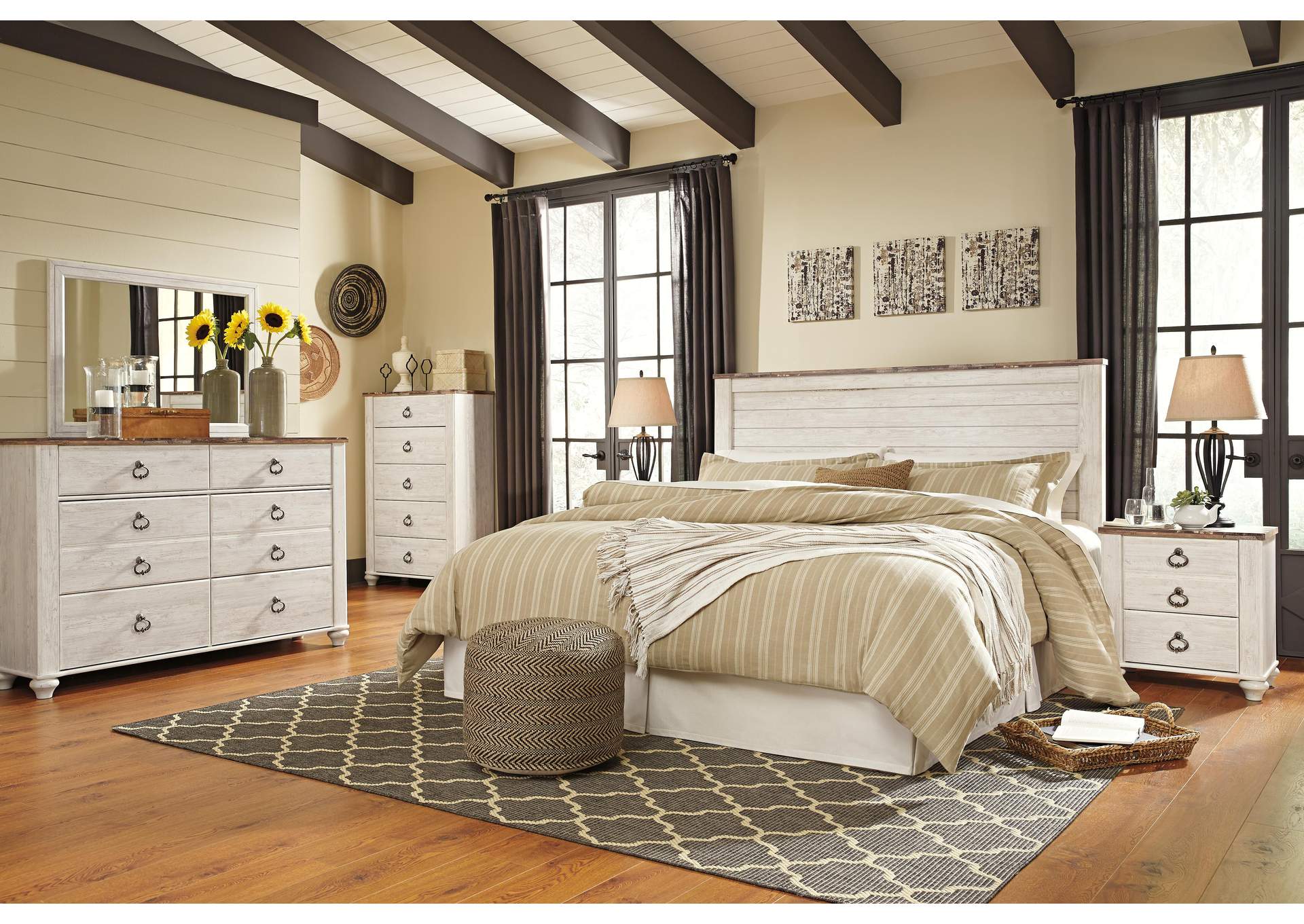 Willowton King/California King Panel Headboard Bed with Mirrored Dresser, Chest and Nightstand
