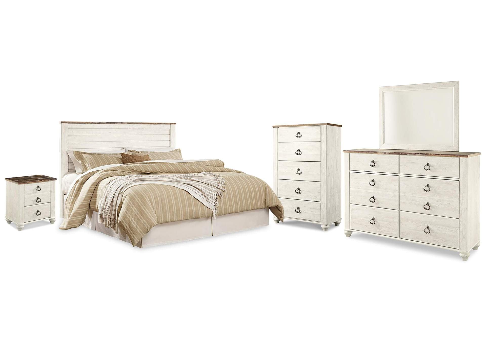 Willowton King/California King Panel Headboard Bed with Mirrored Dresser, Chest and Nightstand