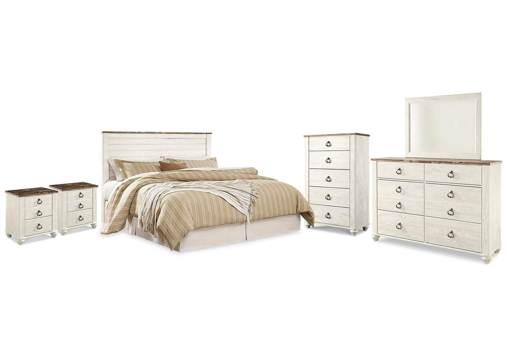 Willowton King/California King Panel Headboard Bed with Mirrored Dresser, Chest and 2 Nightstands