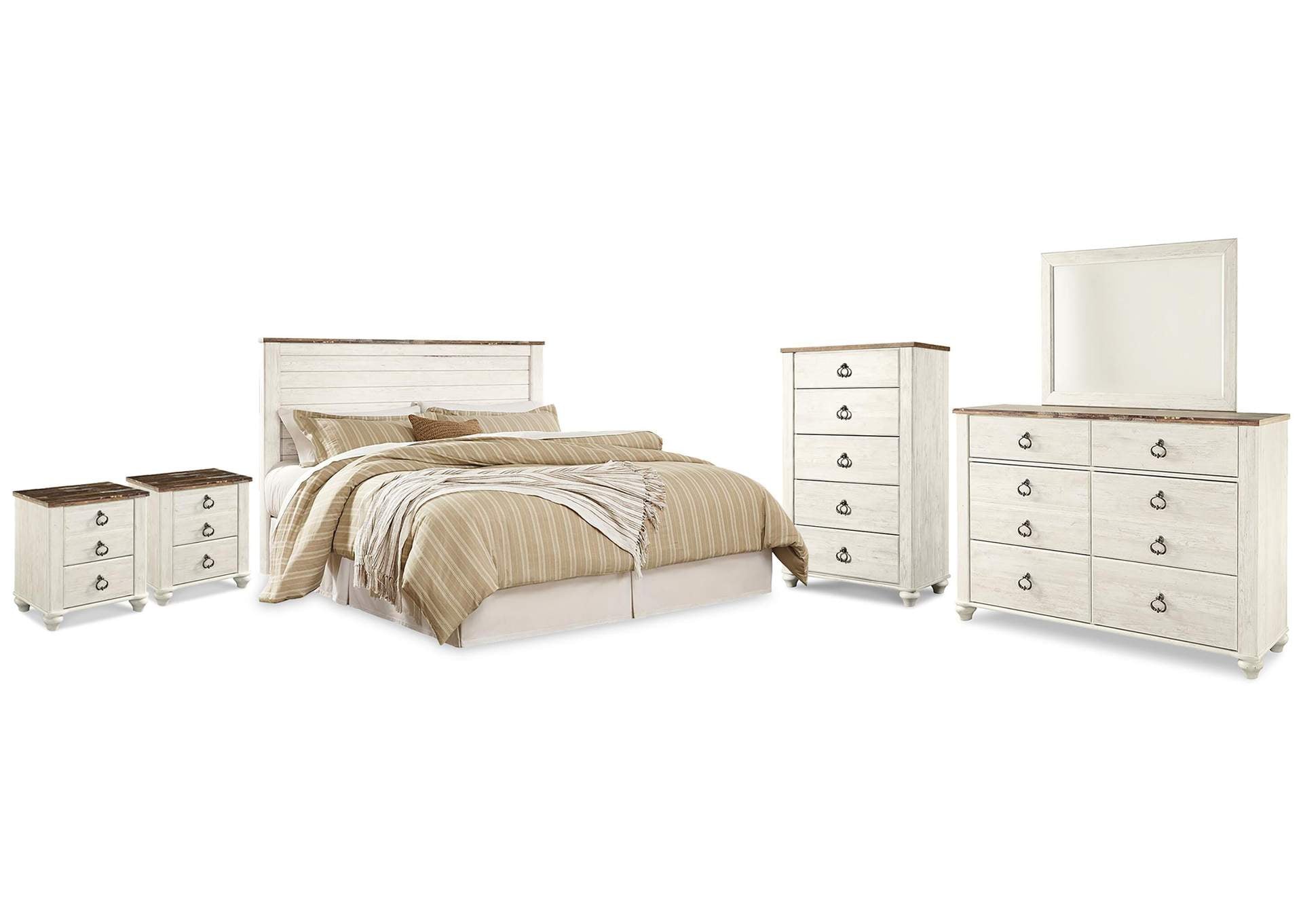 Willowton King/California King Panel Headboard Bed with Mirrored Dresser, Chest and 2 Nightstands
