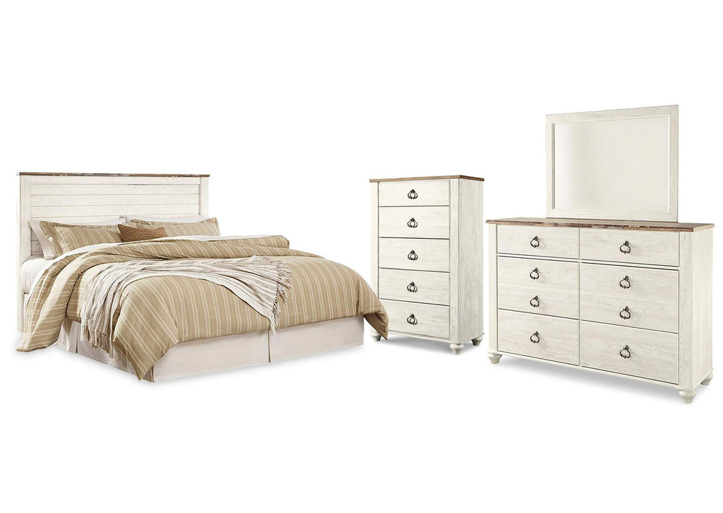 Willowton King/California King Panel Headboard Bed with Mirrored Dresser and Chest