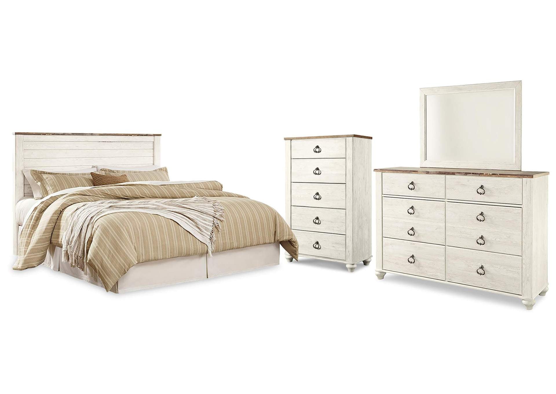 Willowton King/California King Panel Headboard Bed with Mirrored Dresser and Chest