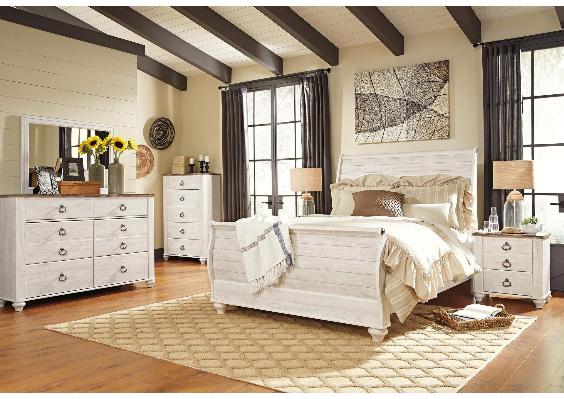 Willowton Queen Sleigh Bed with Mirrored Dresser, Chest and Nightstand