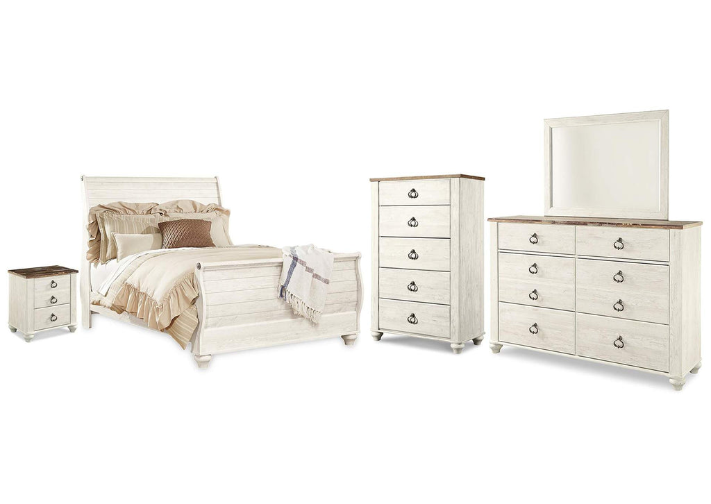 Willowton Queen Sleigh Bed with Mirrored Dresser, Chest and Nightstand