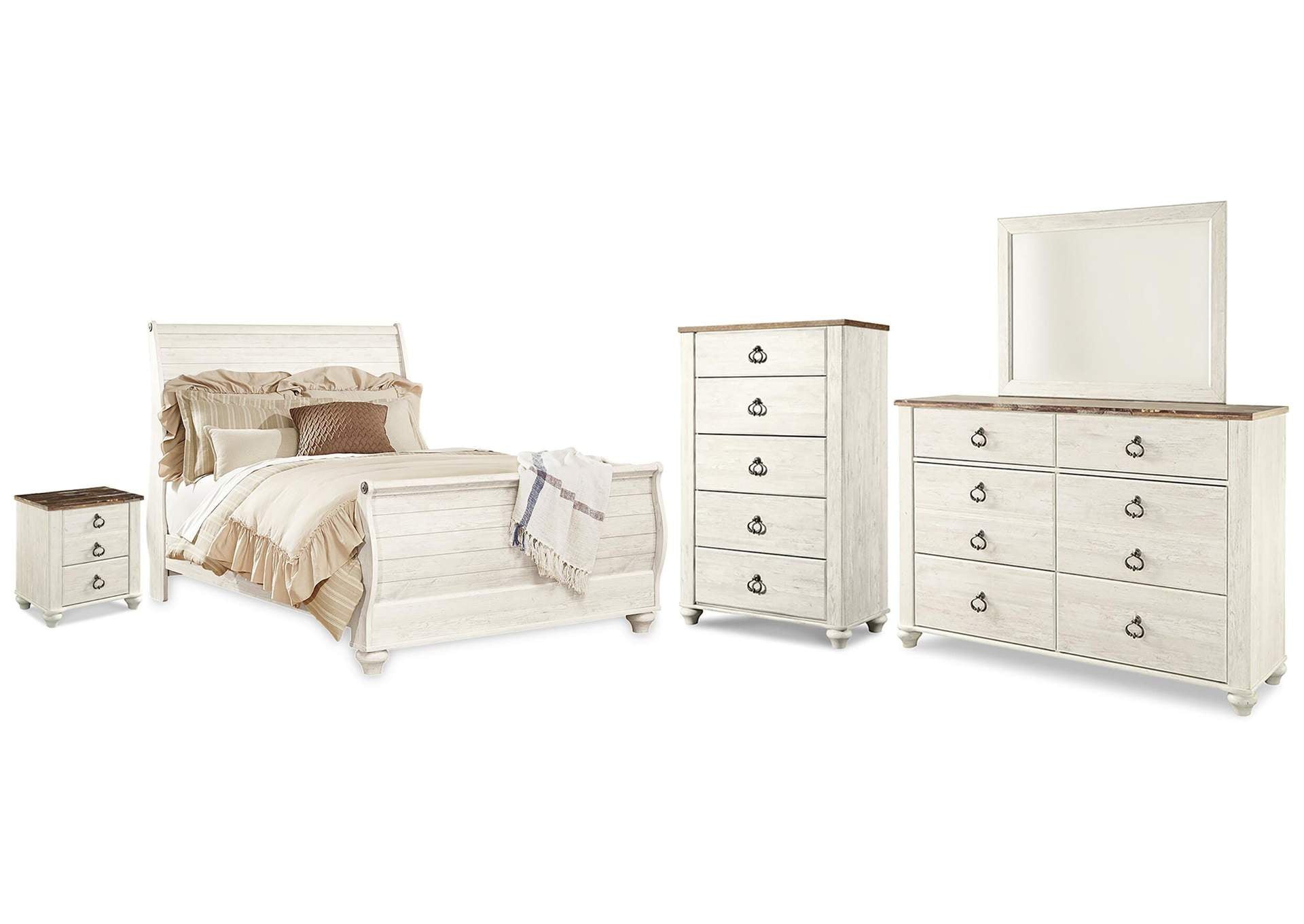 Willowton Queen Sleigh Bed with Mirrored Dresser, Chest and Nightstand