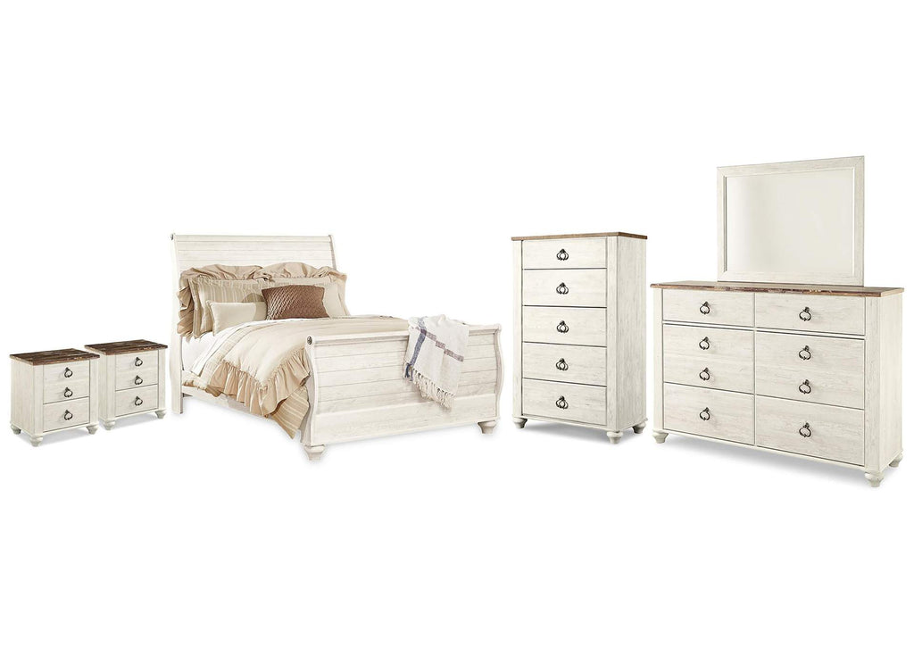 Willowton Queen Sleigh Bed with Mirrored Dresser, Chest and 2 Nightstands