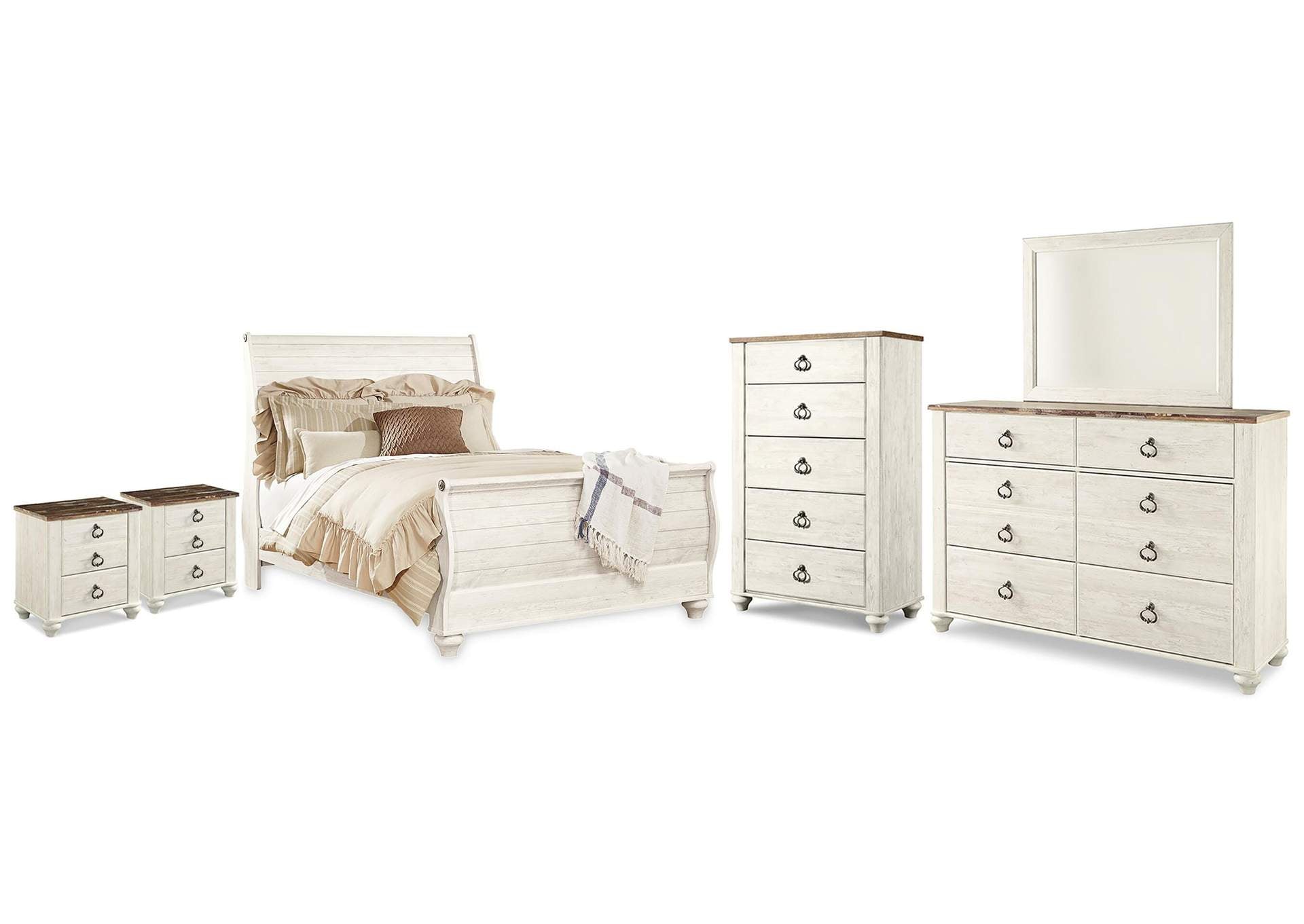 Willowton Queen Sleigh Bed with Mirrored Dresser, Chest and 2 Nightstands