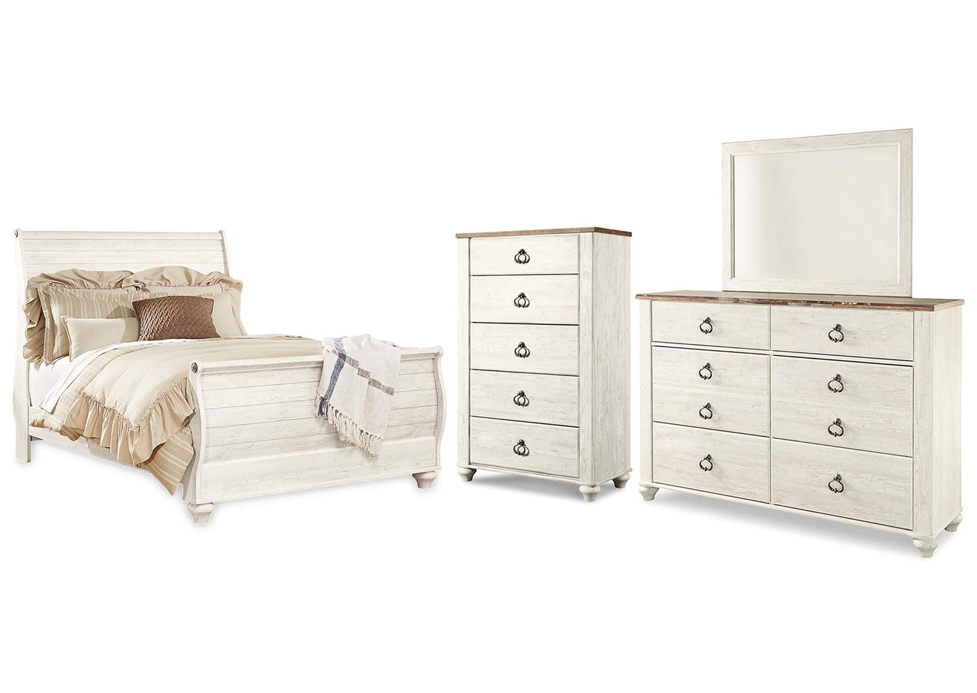 Willowton Queen Sleigh Bed with Mirrored Dresser and Chest