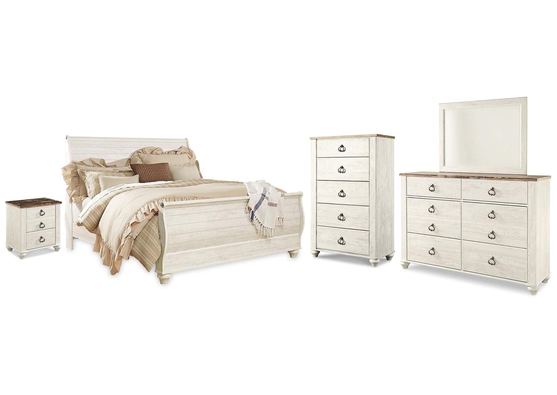 Willowton King Sleigh Bed with Mirrored Dresser, Chest and Nightstand