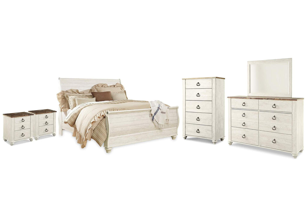 Willowton King Sleigh Bed with Mirrored Dresser, Chest and 2 Nightstands
