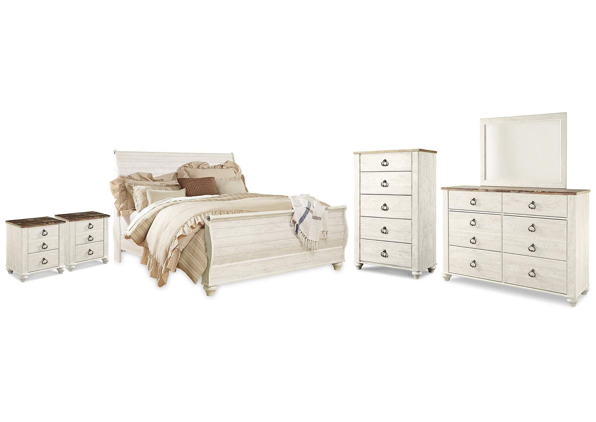 Willowton King Sleigh Bed with Mirrored Dresser, Chest and 2 Nightstands