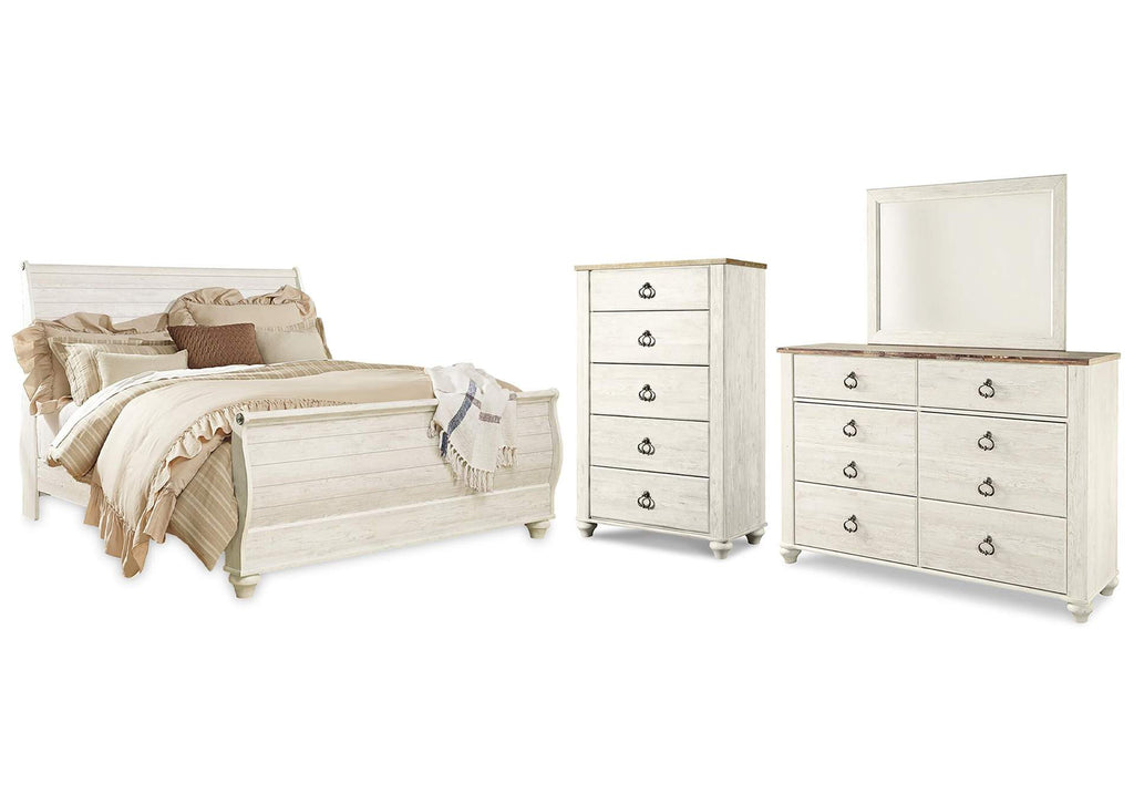 Willowton King Sleigh Bed with Mirrored Dresser and Chest